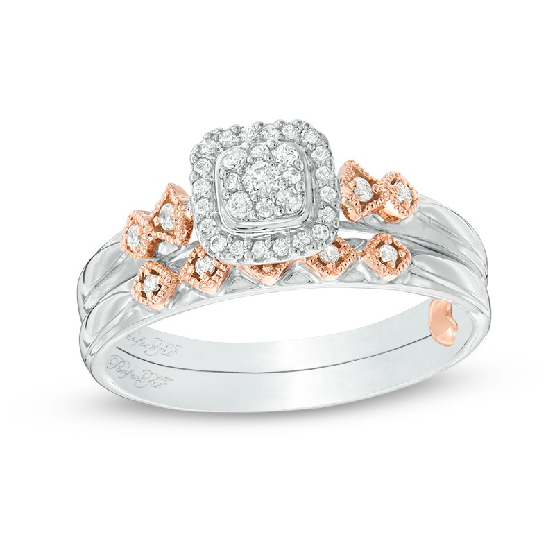 Previously Owned - Perfect Fit 0.18 CT. T.W. Composite Diamond Cushion Frame Interlocking Bridal Set in 10K Two-Tone Gold