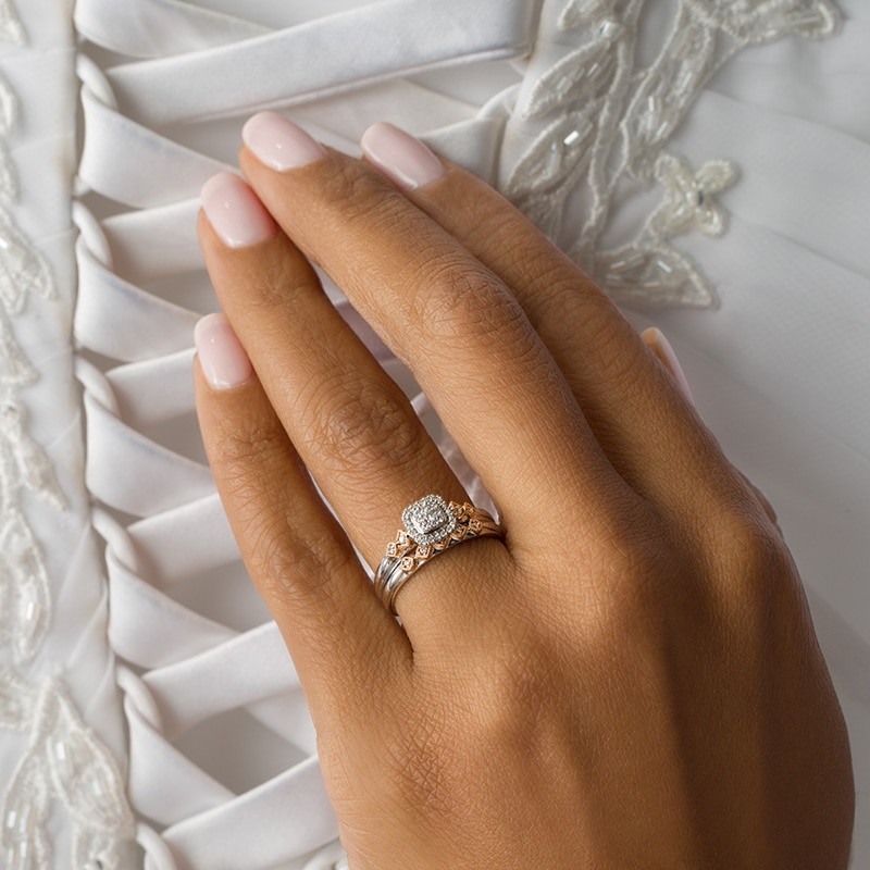 Previously Owned - Perfect Fit 0.18 CT. T.W. Composite Diamond Cushion Frame Interlocking Bridal Set in 10K Two-Tone Gold