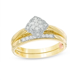 Previously Owned - Perfect Fit 0.145 CT. T.W. Composite Diamond Flower Vintage-Style Interlocking Bridal Set in 10K Gold