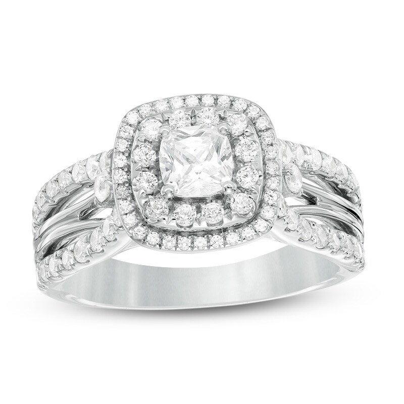 Previously Owned - 1.25 CT. T.W. Certified Canadian Cushion-Cut Diamond Double Frame Engagement Ring in 14K White Gold (I/I1)