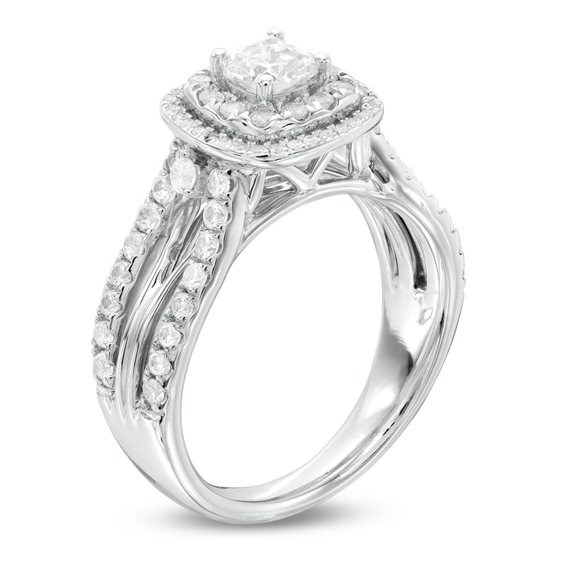 Previously Owned - 1.25 CT. T.W. Certified Canadian Cushion-Cut Diamond Double Frame Engagement Ring in 14K White Gold (I/I1)