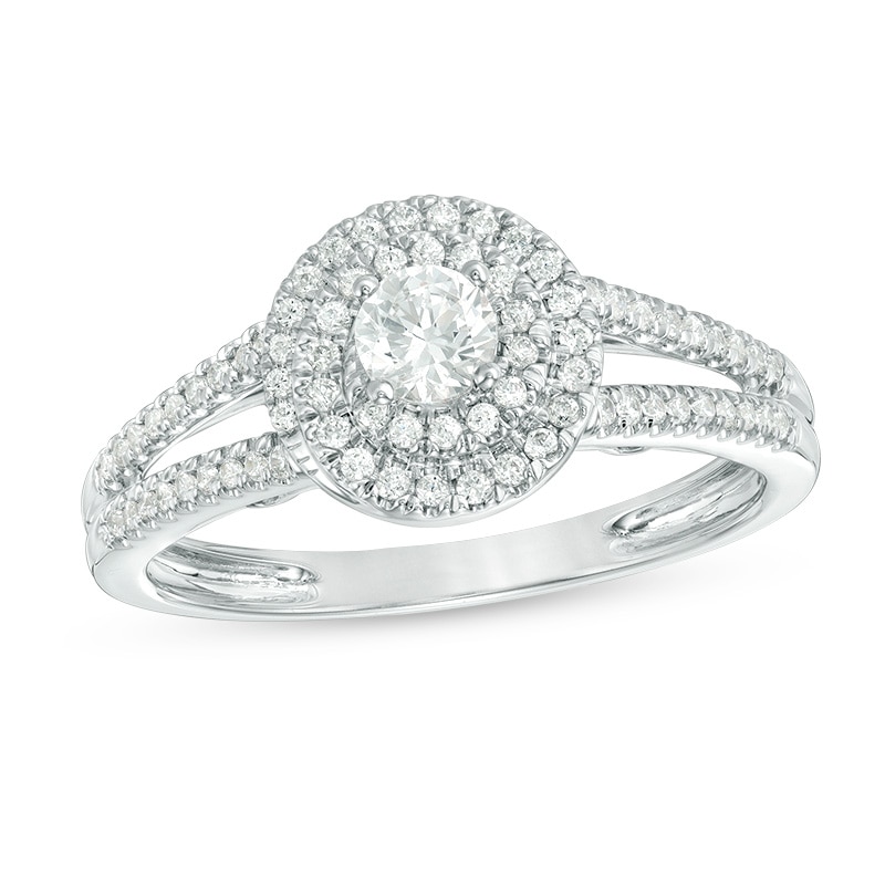 Previously Owned - 0.50 CT. T.W. Certified Canadian Diamond Swirling Frame Engagement Ring in 14K White Gold (I/I2)