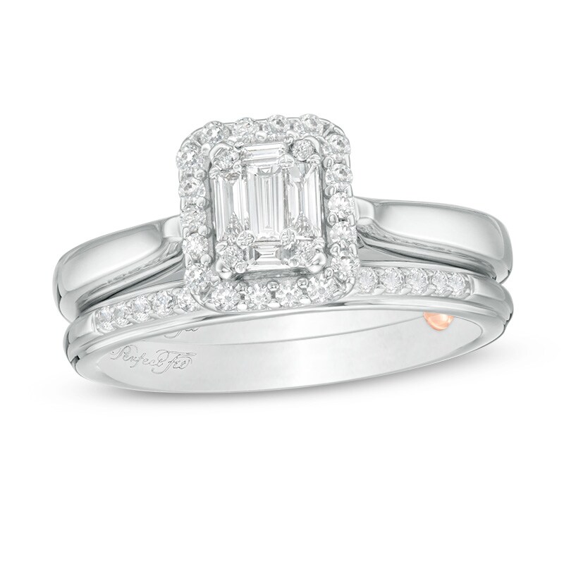 Previously Owned - Perfect Fit 0.40 CT. T.W. Composite Diamond Frame Interlocking Bridal Set in 10K Two-Tone Gold