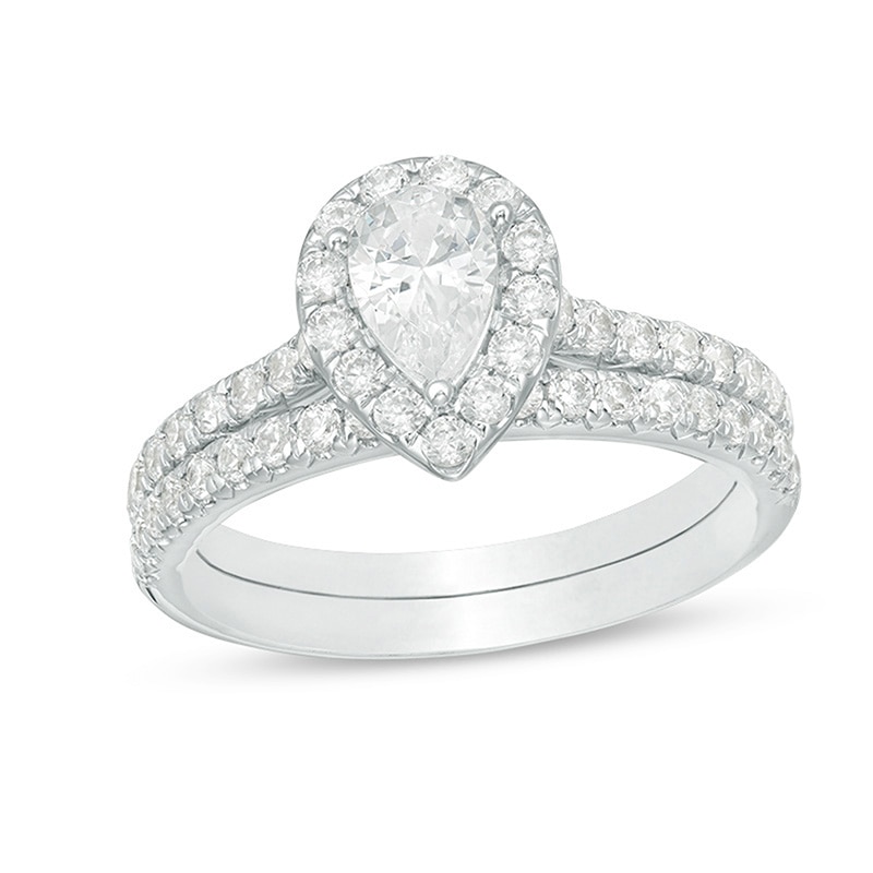 Previously Owned - 1.25 CT. T.W. Certified Canadian Pear-Shaped Diamond Frame Bridal Set in 14K White Gold (I/SI2)