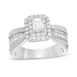 Previously Owned - 0.95 CT. T.W. Certified Canadian Emerald-Cut Diamond Double Frame Multi-Row Engagement Ring in 14K White Gold (I/SI2)