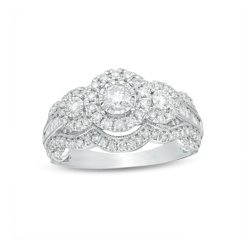 Previously Owned - 1.00 CT. T.W. Diamond Frame Past Present Future® Vintage-Style Engagement Ring in 10K White Gold