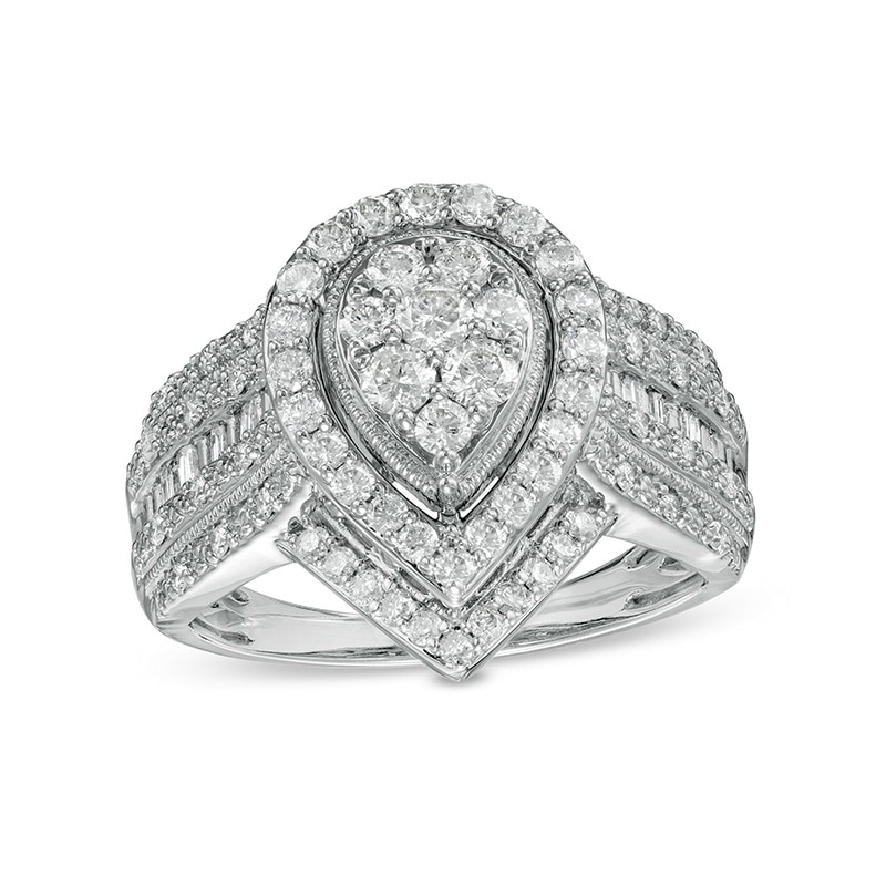 Previously Owned - 1.00 CT. T.W. Composite Pear-Shaped Diamond Frame Vintage-Style Multi-Row Engagement Ring in 10K White Gold