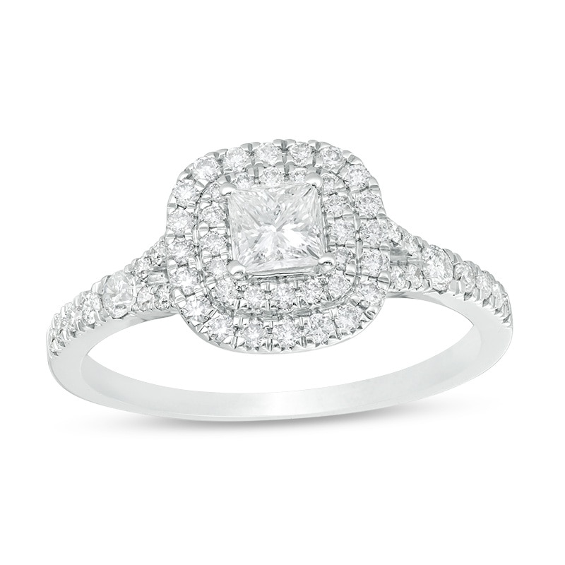 Previously Owned - 0.70 CT. T.W. Canadian Certified Princess-Cut Diamond Double Frame Engagement Ring in 14K White Gold (I/I2)