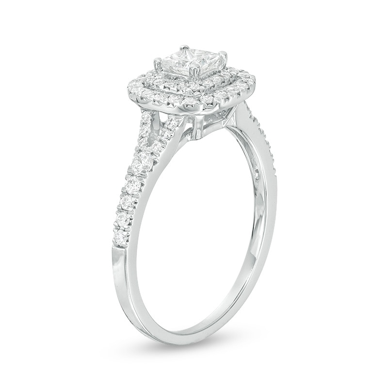 Previously Owned - 0.70 CT. T.W. Canadian Certified Princess-Cut Diamond Double Frame Engagement Ring in 14K White Gold (I/I2)