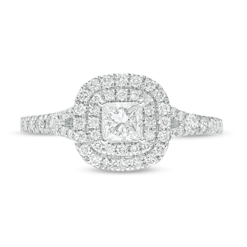 Previously Owned - 0.70 CT. T.W. Canadian Certified Princess-Cut Diamond Double Frame Engagement Ring in 14K White Gold (I/I2)