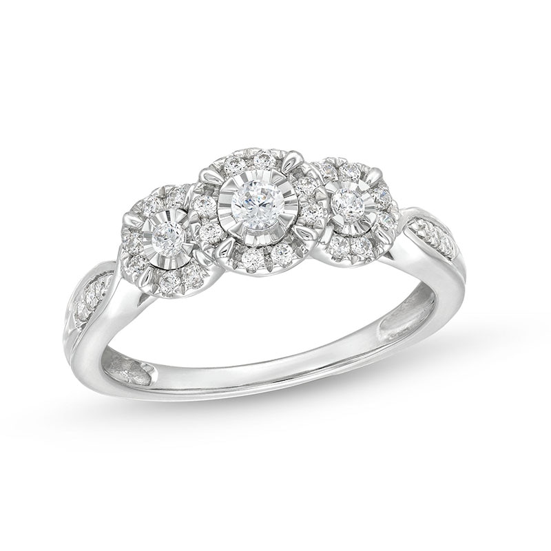 Previously Owned - 0.25 CT. T.W. Diamond Frame Miracle Past Present Future® Engagement Ring in 10K White Gold