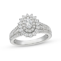 Previously Owned - 0.95 CT. T.W. Oval Diamond Shadow Frame Multi-Row Engagement Ring in 14K White Gold (I/I2)