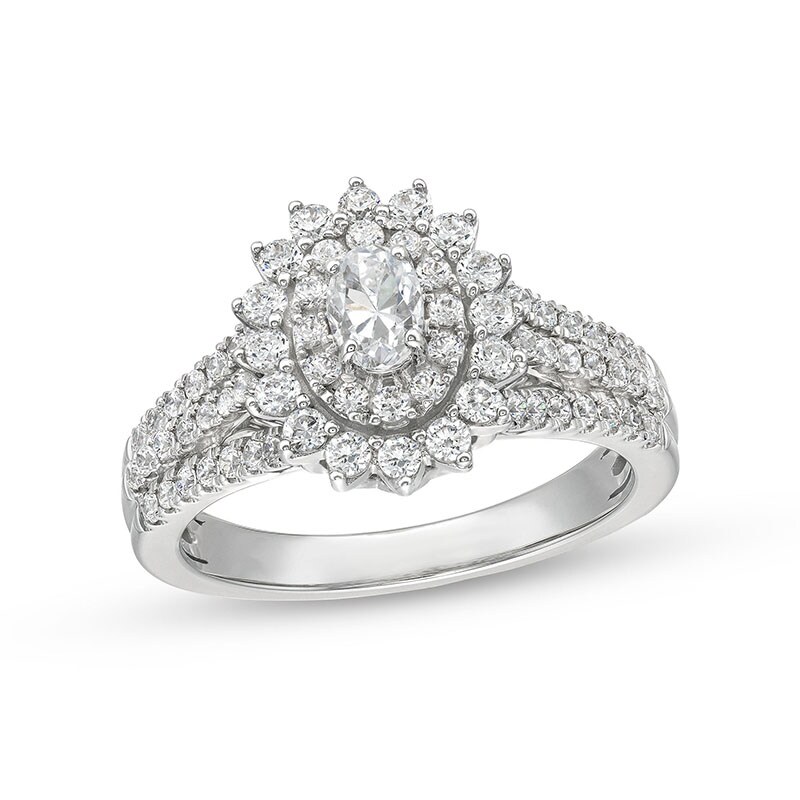 Previously Owned - 0.95 CT. T.W. Oval Diamond Shadow Frame Multi-Row Engagement Ring in 14K White Gold (I/I2)