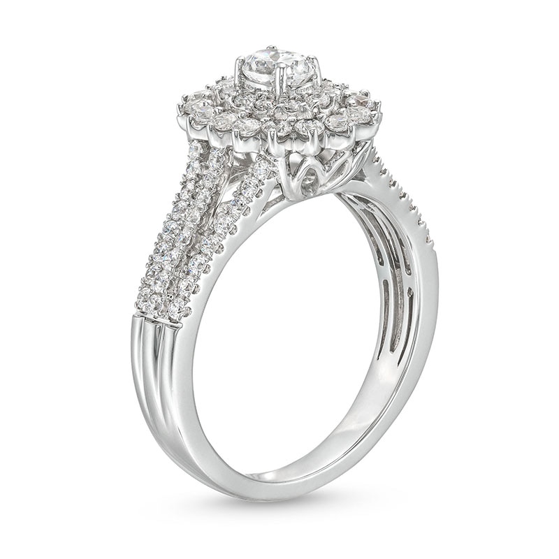 Previously Owned - 0.95 CT. T.W. Oval Diamond Shadow Frame Multi-Row Engagement Ring in 14K White Gold (I/I2)