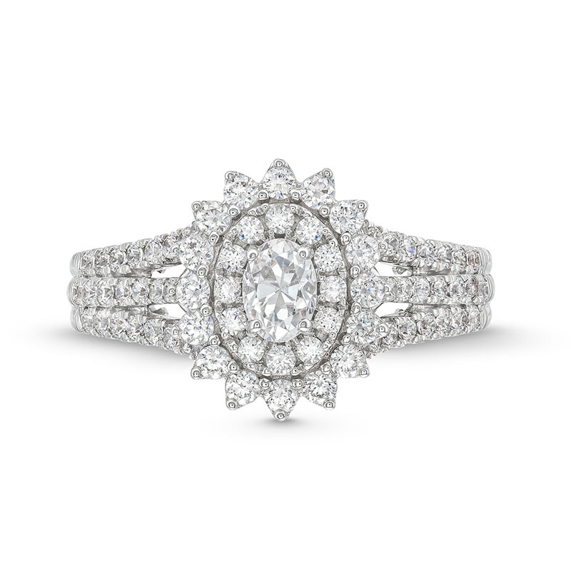 Previously Owned - 0.95 CT. T.W. Oval Diamond Shadow Frame Multi-Row Engagement Ring in 14K White Gold (I/I2)