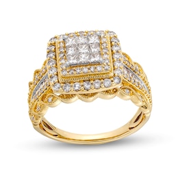 Previously Owned - 1.00 CT. T.W. Princess-Cut Multi-Diamond Double Frame Vintage-Style Engagement Ring in 10K Gold