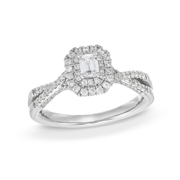 Previously Owned - 0.75 CT. Emerald-Cut Canadian Certified Diamond Double Framed Engagement Ring in 14K White Gold (I/SI2)