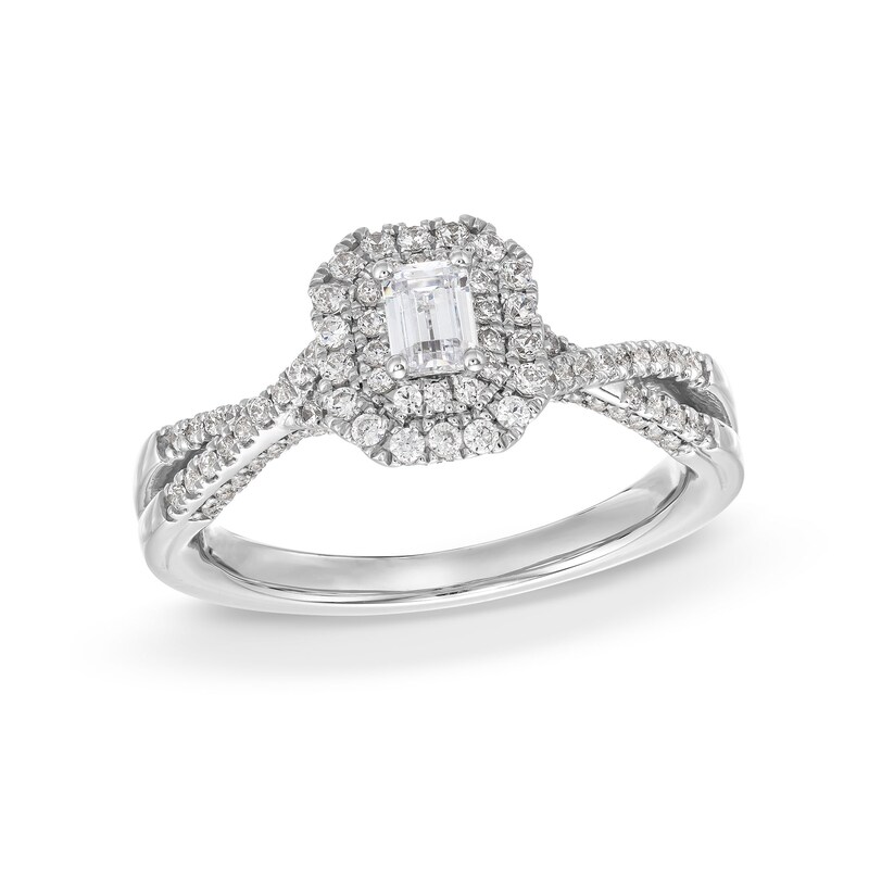 Previously Owned - 0.75 CT. Emerald-Cut Canadian Certified Diamond Double Framed Engagement Ring in 14K White Gold (I/SI2)