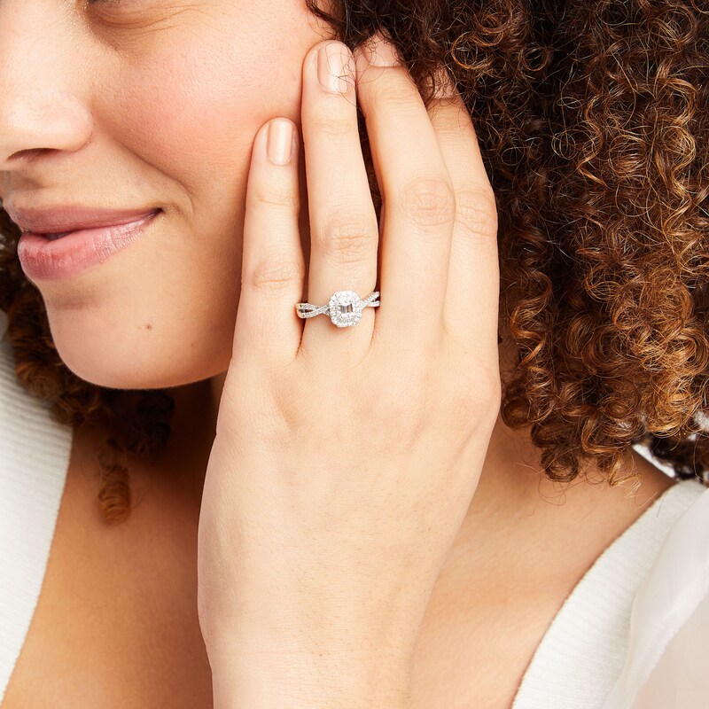 Previously Owned - 0.75 CT. Emerald-Cut Canadian Certified Diamond Double Framed Engagement Ring in 14K White Gold (I/SI2)