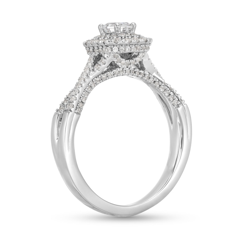 Previously Owned - 0.75 CT. Emerald-Cut Canadian Certified Diamond Double Framed Engagement Ring in 14K White Gold (I/SI2)