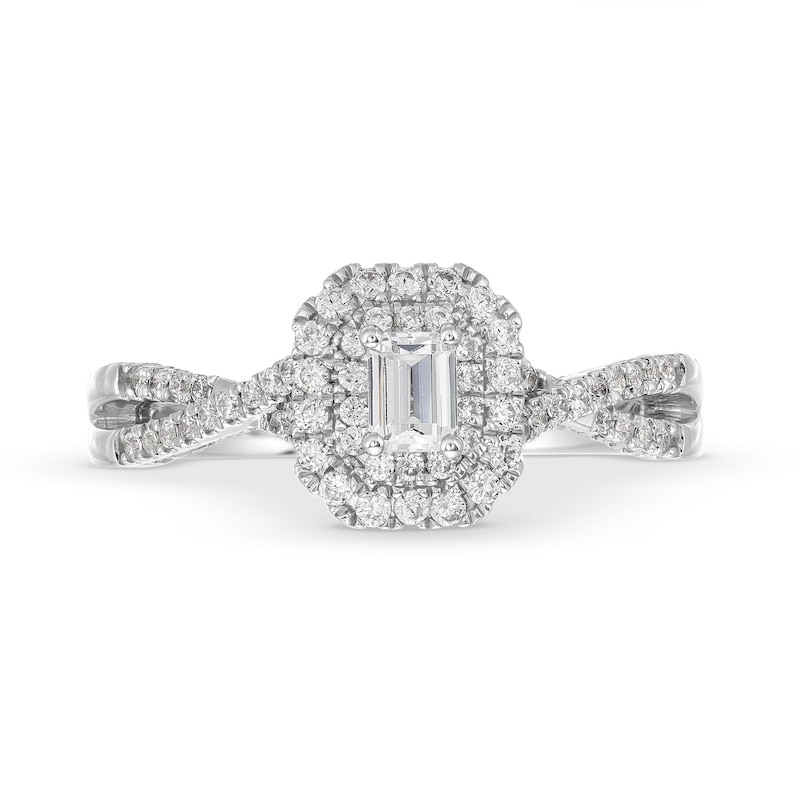 Previously Owned - 0.75 CT. Emerald-Cut Canadian Certified Diamond Double Framed Engagement Ring in 14K White Gold (I/SI2)