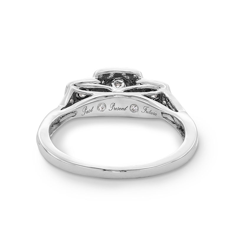 Previously Owned - 0.25 CT. T.W. Diamond Cushion Frame Past Present Future® Engagement Ring in 10K White Gold
