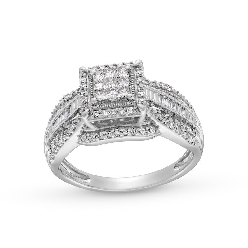 Previously Owned - 0.50 CT. T.W. Princess-Cut Multi-Diamond Double Frame Multi-Row Engagement Ring in 10K White Gold