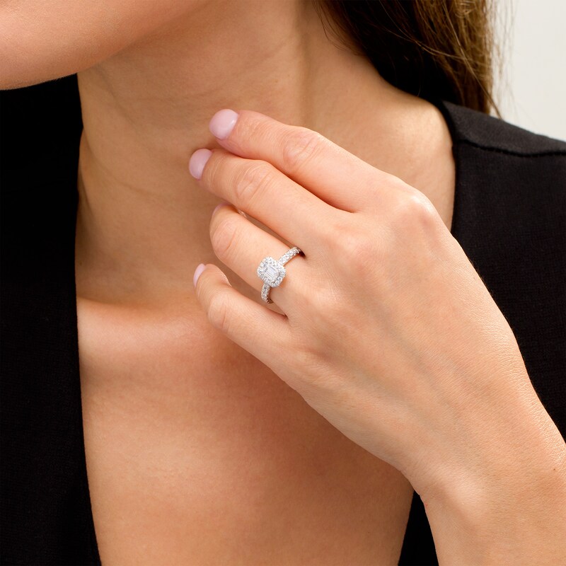 Previously Owned - 1.00 CT. T.W. Emerald-Cut Certified Lab-Grown Diamond Frame Engagement Ring in 14K White Gold (F/SI2)