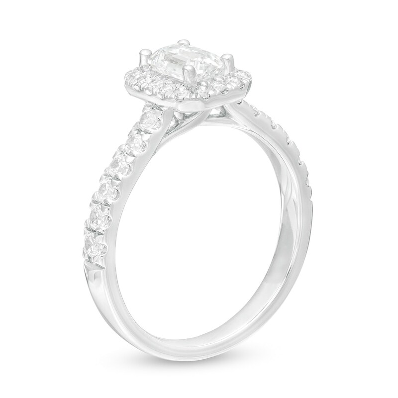 Previously Owned - 1.00 CT. T.W. Emerald-Cut Certified Lab-Grown Diamond Frame Engagement Ring in 14K White Gold (F/SI2)