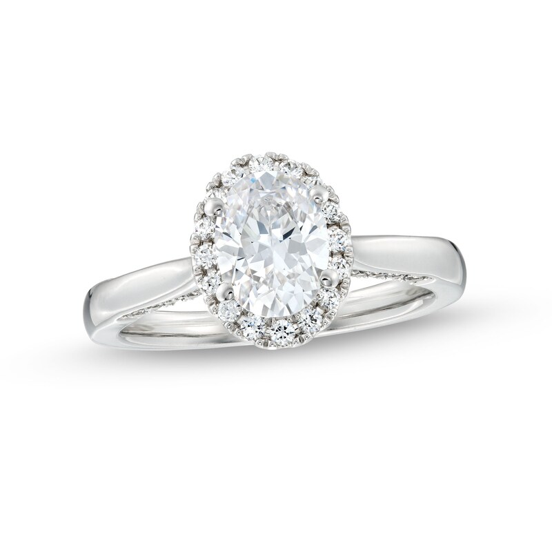 Previously Owned - 1.38 CT. T.W. Oval Certified Lab-Grown Diamond Frame Engagement Ring in 14K White Gold (F/SI2)